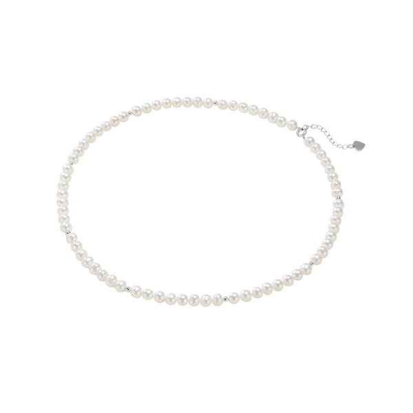 OSM White Pearl Necklace 5–6mm Near-Round, S925 Silver, Heart Extension Chain