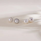 OSM Set of 4 Flat Round Silvery White Earrings 6–9mm S925 Silver