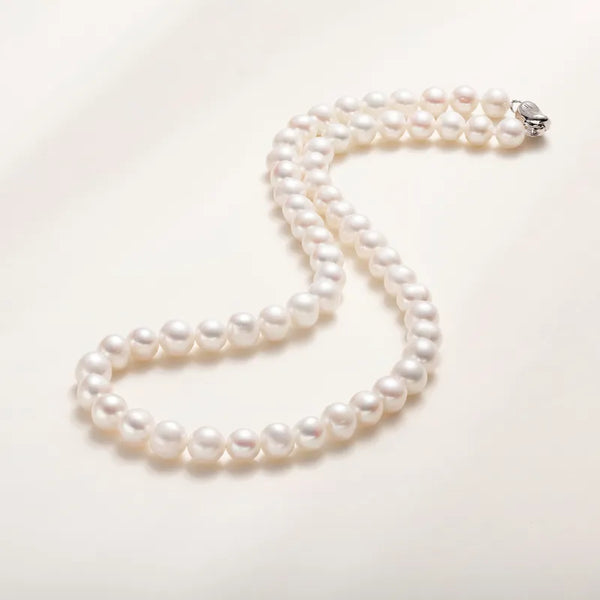 OSM White Pearl Necklace – 8–9mm Near-Circular, Silvery White
