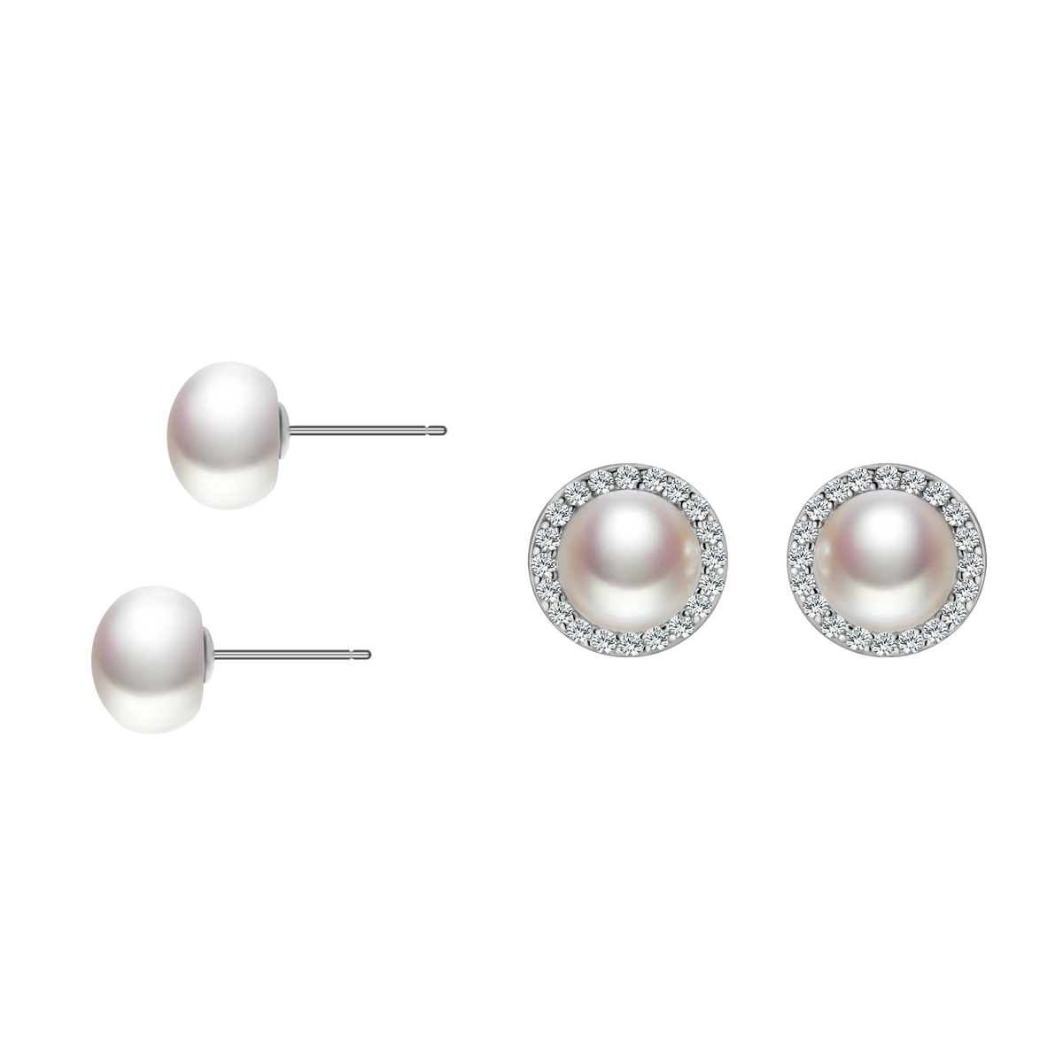 OSM Set of 4 Flat Round Silvery White Earrings 6–9mm S925 Silver