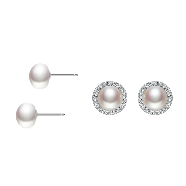 OSM Set of 4 Flat Round Silvery White Earrings 6–9mm S925 Silver