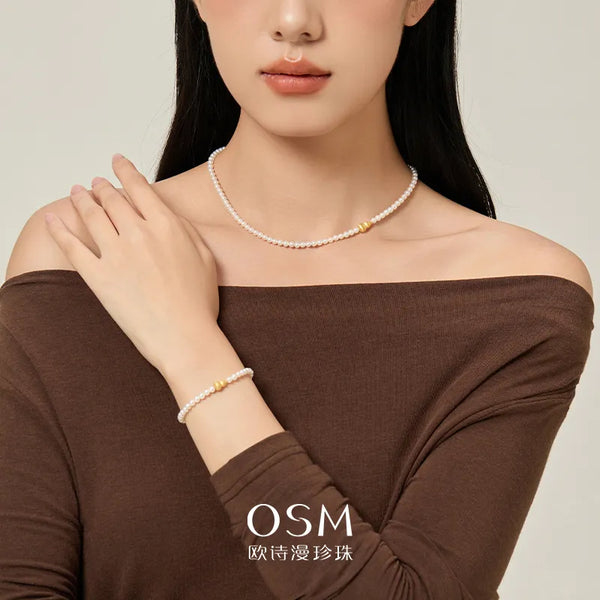 OSM Pearl Necklace 3–4 mm 925 Silver / Gold Accents