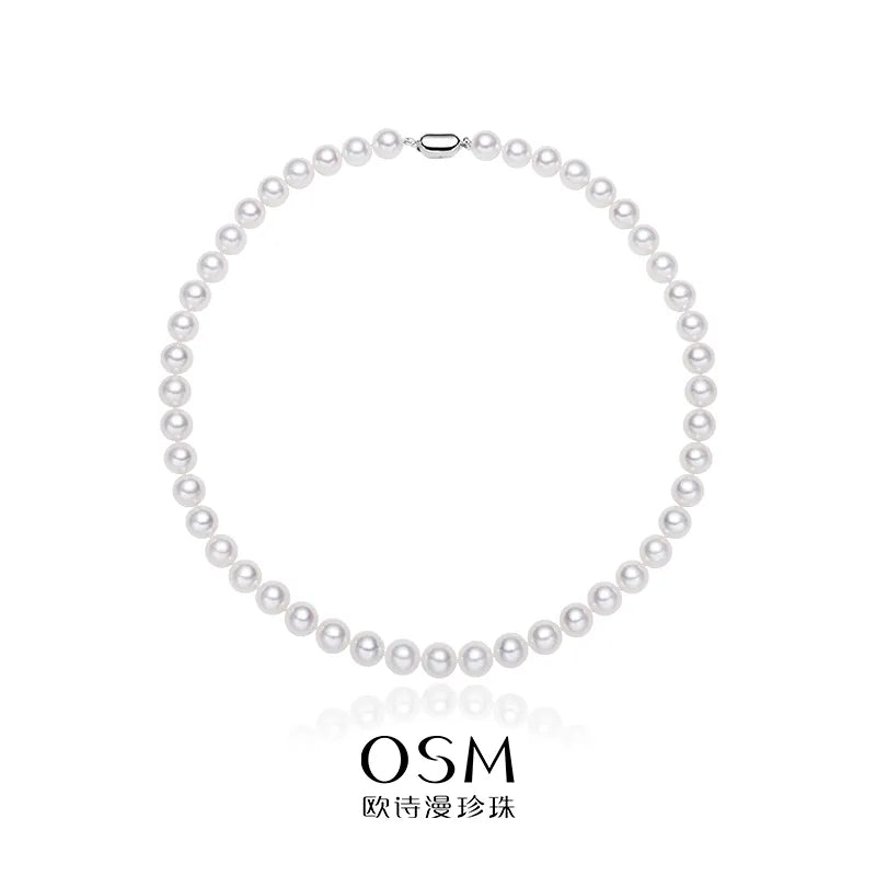 OSM White Pearl Necklace – 8–9mm Round, S925 Silver