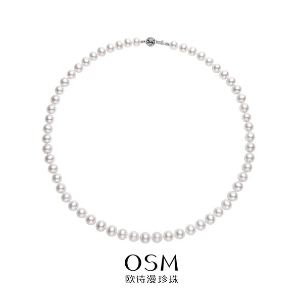 OSM White Pearl Necklace 7–8mm Near-Circular 9K Gold
