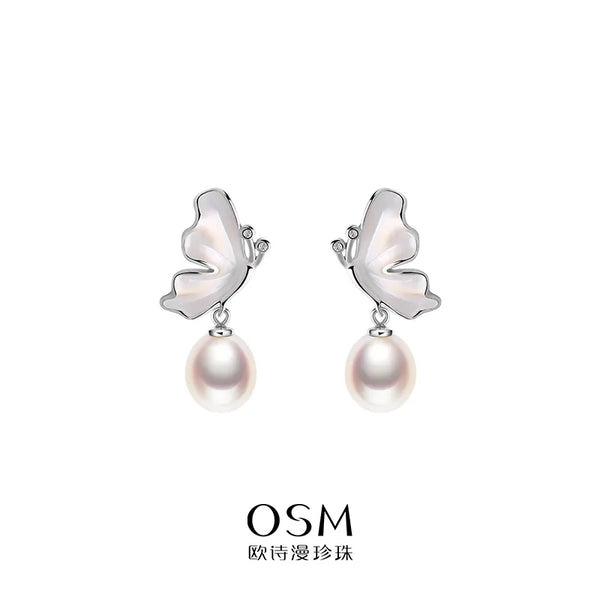 OSM Oval Silvery White Earrings 7–8mm – S925 Silver