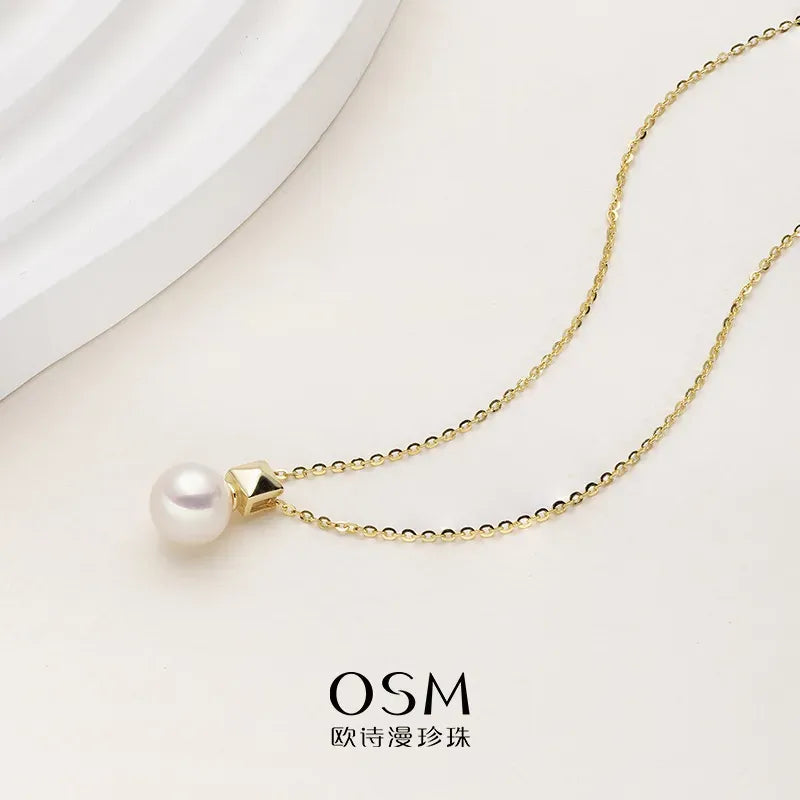 OSM Pearl Necklace 8.5–9 mm White 925 Silver / Gold Accents