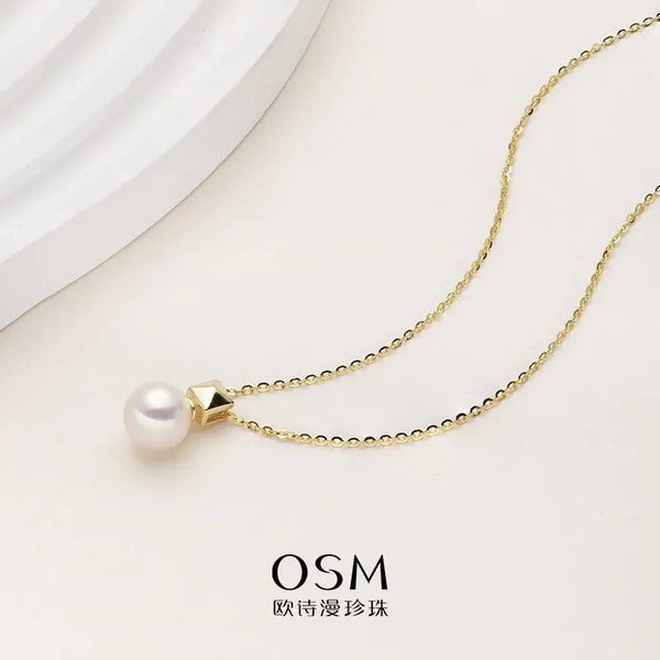 OSM Pearl Necklace 8.5–9 mm White 925 Silver / Gold Accents