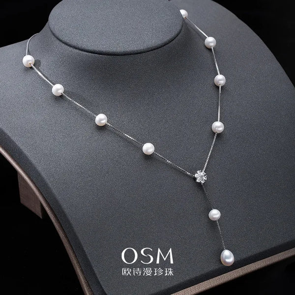 OSM White Pearl Necklace 5–8mm Mixed Shape, S925 Silver