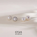OSM Set of 4 Flat Round Silvery White Earrings 6–9mm S925 Silver