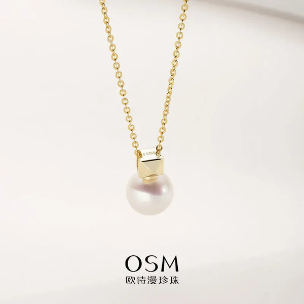 OSM Pearl Necklace 8.5–9 mm White 925 Silver / Gold Accents