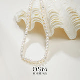 OSM White Pearl Necklace 5–6mm Near-Round, S925 Silver, Heart Extension Chain